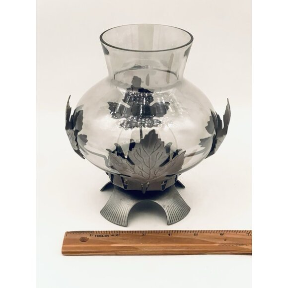 Pewter Maple Leaf Hurricane Pillar Candle Holder 7.25” Smoky Gray Lantern - Picture 3 of 12